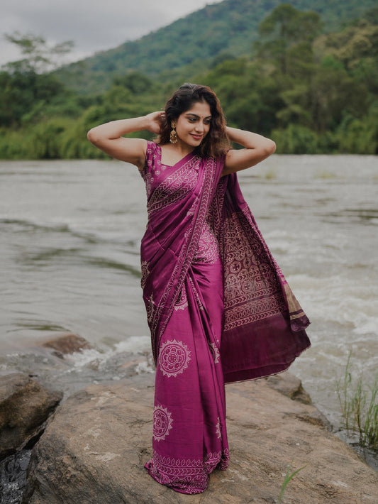 Wine Color Semi Gaji Satin Saree With Foil And Print Work