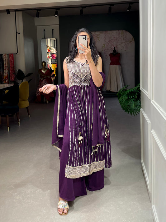 Wine Color Sequins And Thread Embroidery Work Georgette Kurti Plaza Set