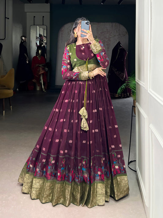 Wine Color Kalamkari With Zari Weaving Work Poly Cotton Gown