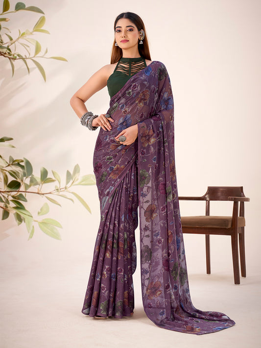 Wine Color Floral Viscose Lurex Brasso Saree