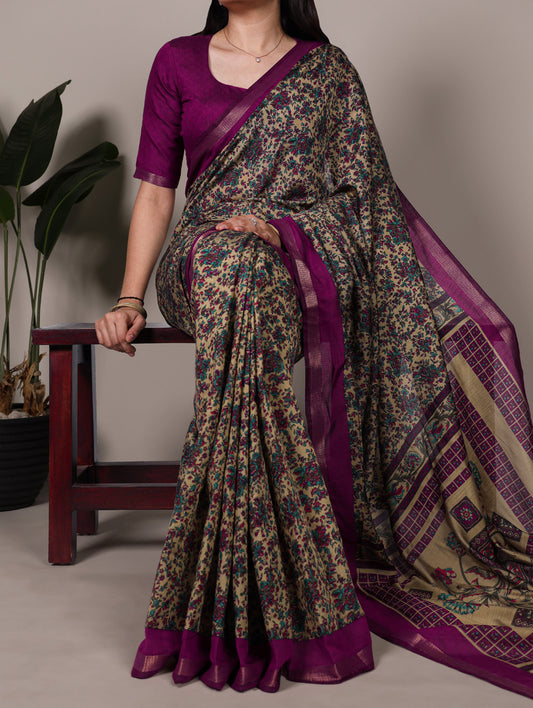 Wine Color Printed With Zari Weaving Work Polyester Viscose Chanderi Saree