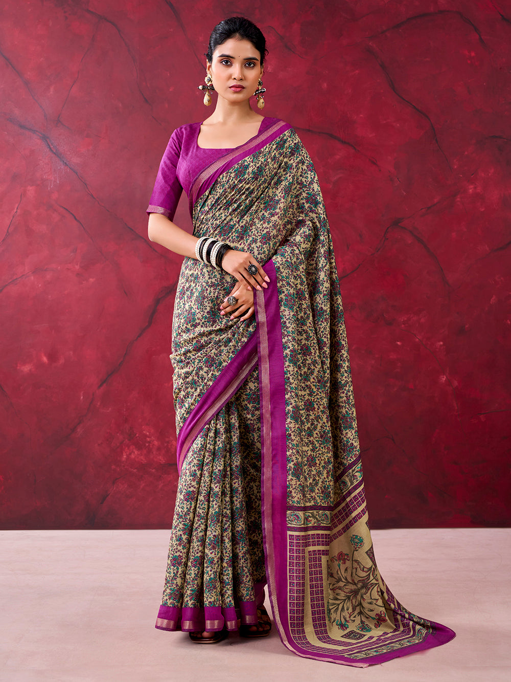 Wine Color Printed With Zari Weaving Work Polyester Viscose Chanderi Saree
