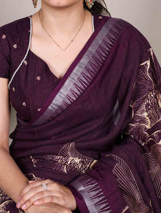 Wine Color Printed Slub Silk Saree