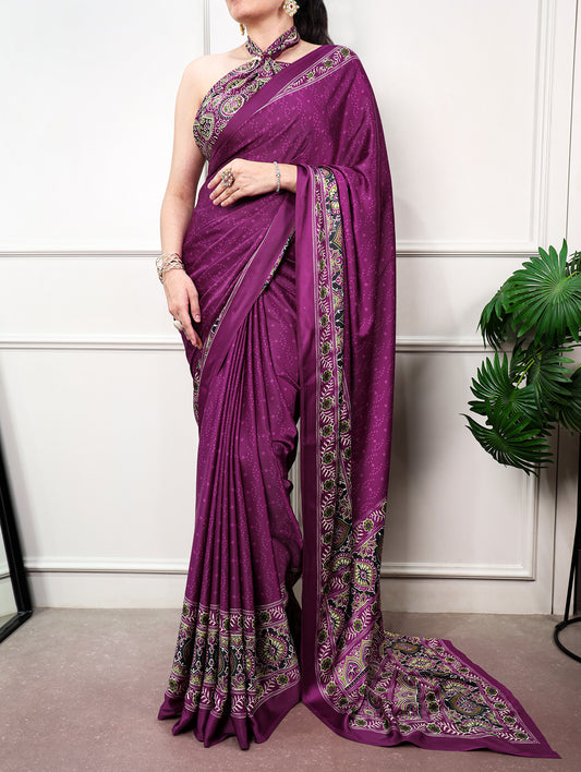 Wine Color Indian Wear Satin Silk Printed Saree