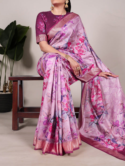 Wine Color Printed Tussar Silk With Viscose Border Saree