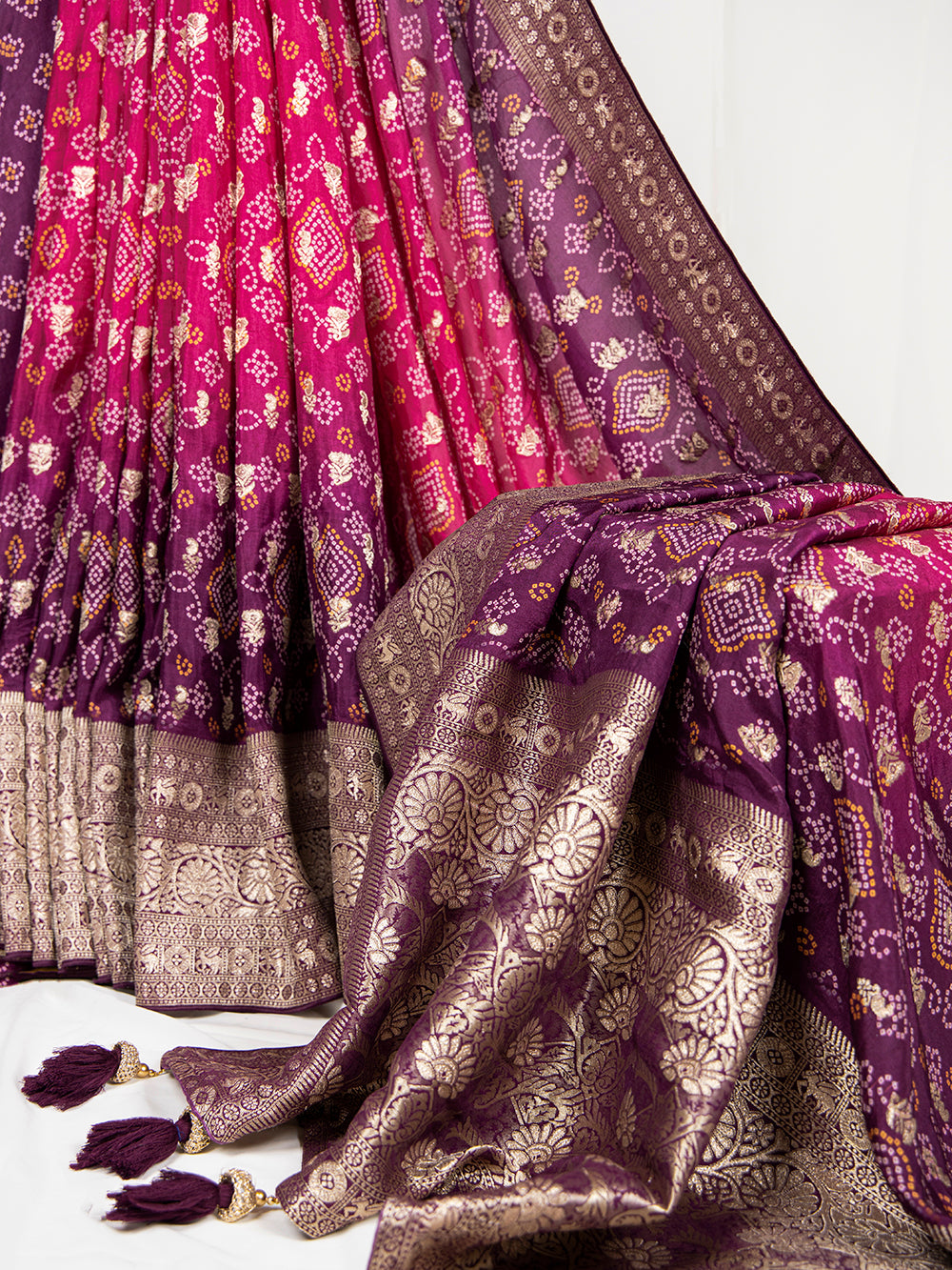 Wine Color Bandhej Printed And Weaving Work Viscose Wedding Wear Saree