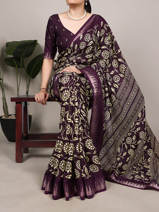 Wine Color Floral Printed Saree