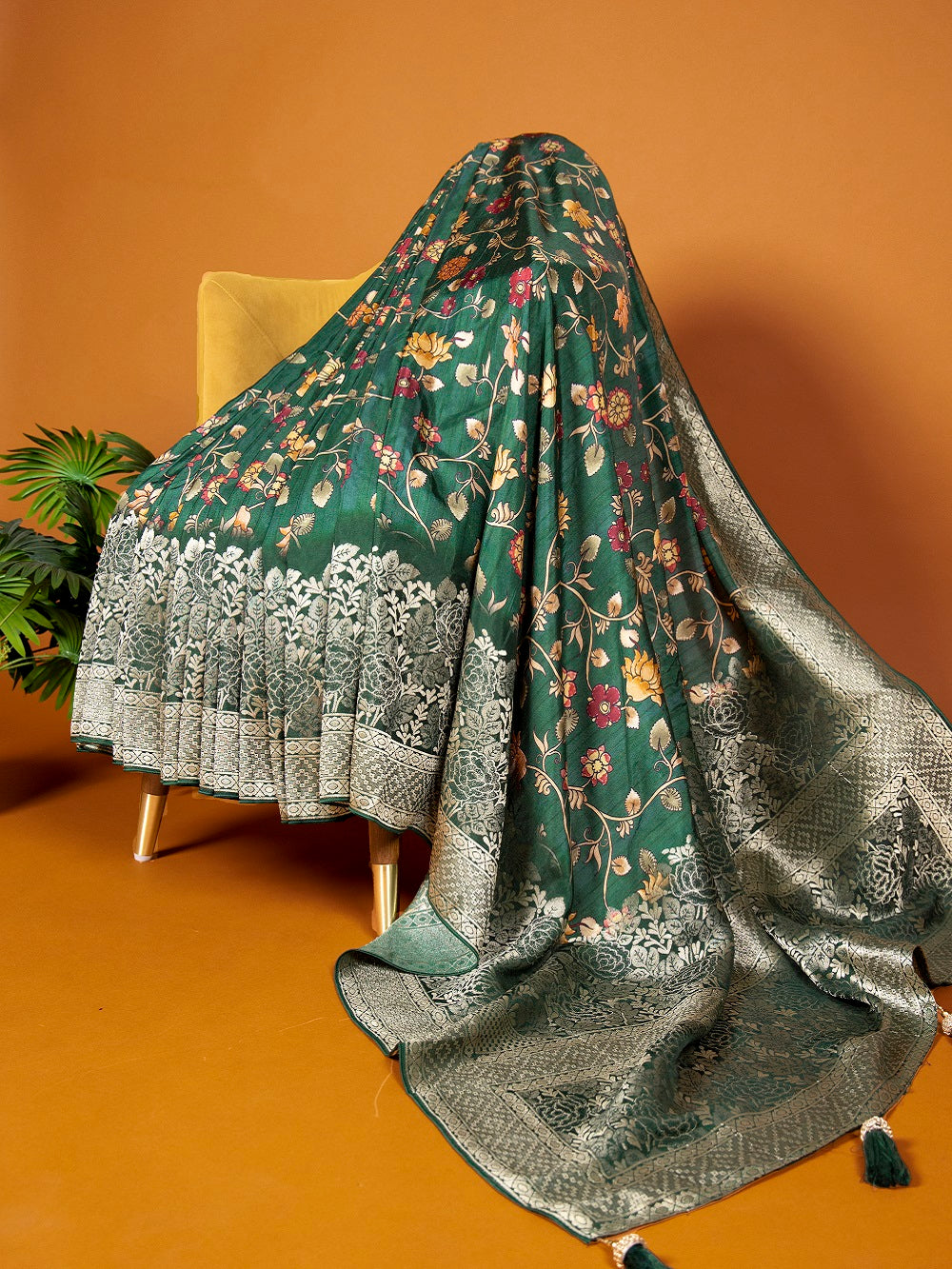 Green Color Kalamkari Print And Weaving Work Viscose Wedding Saree