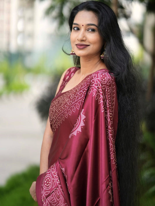 Maroon Color Printed And Foil Work Semi Gaji Satin Saree