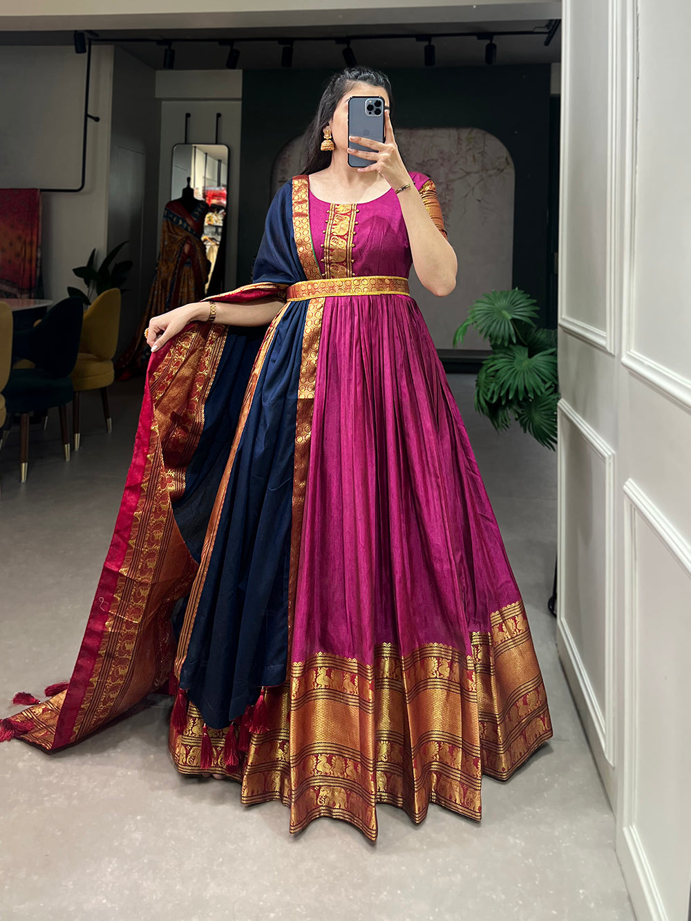 Pink Color Zari Weaving Work Narayan Pet Cotton Kollam Pattu Dress
