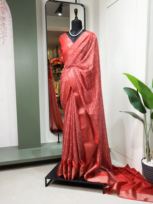 Red Color Printed With Zari Border Dola Silk Saree