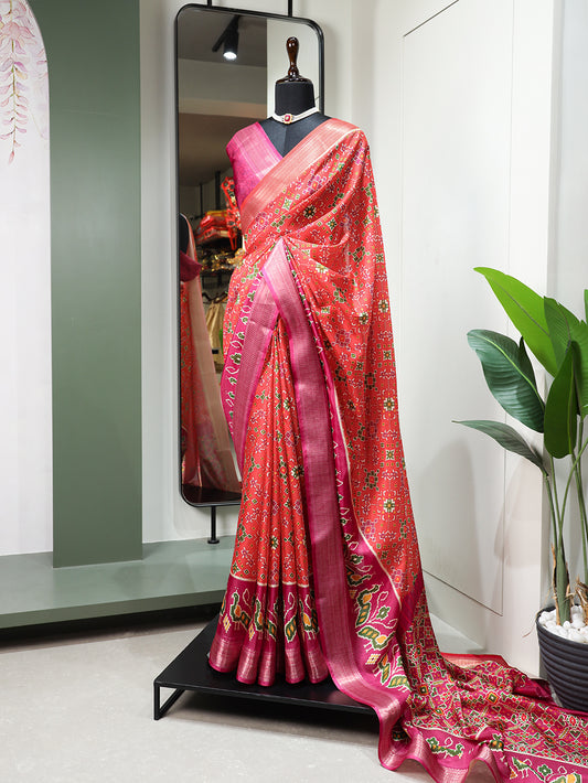 Red Color Digital Patola Printed Dola Silk Saree