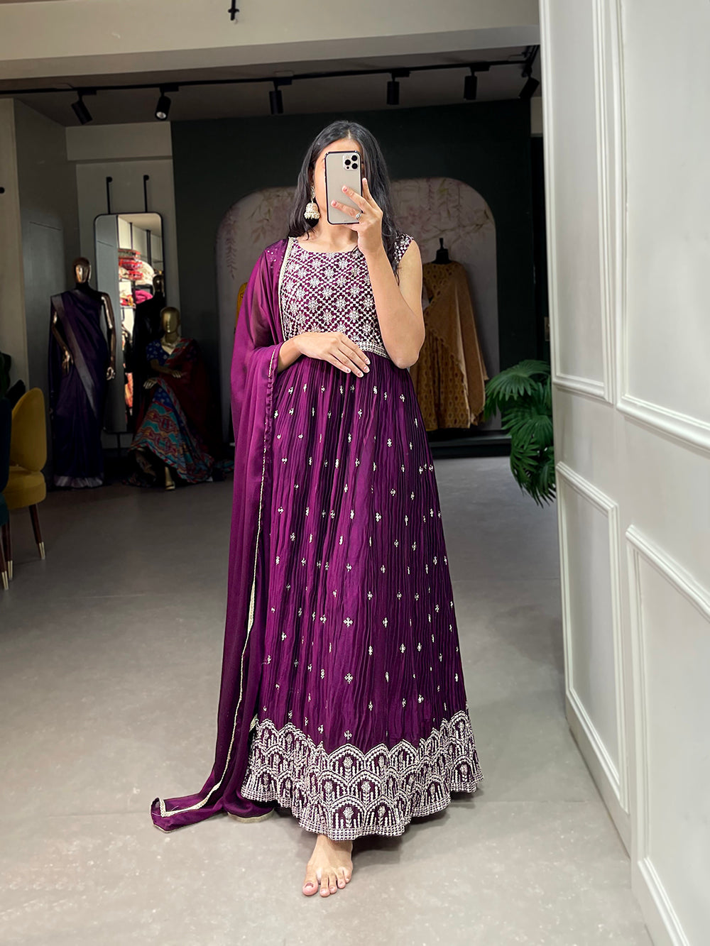 Wine Color Sequins And Thread Embroidery Work Crushed Rangoli Silk Dress