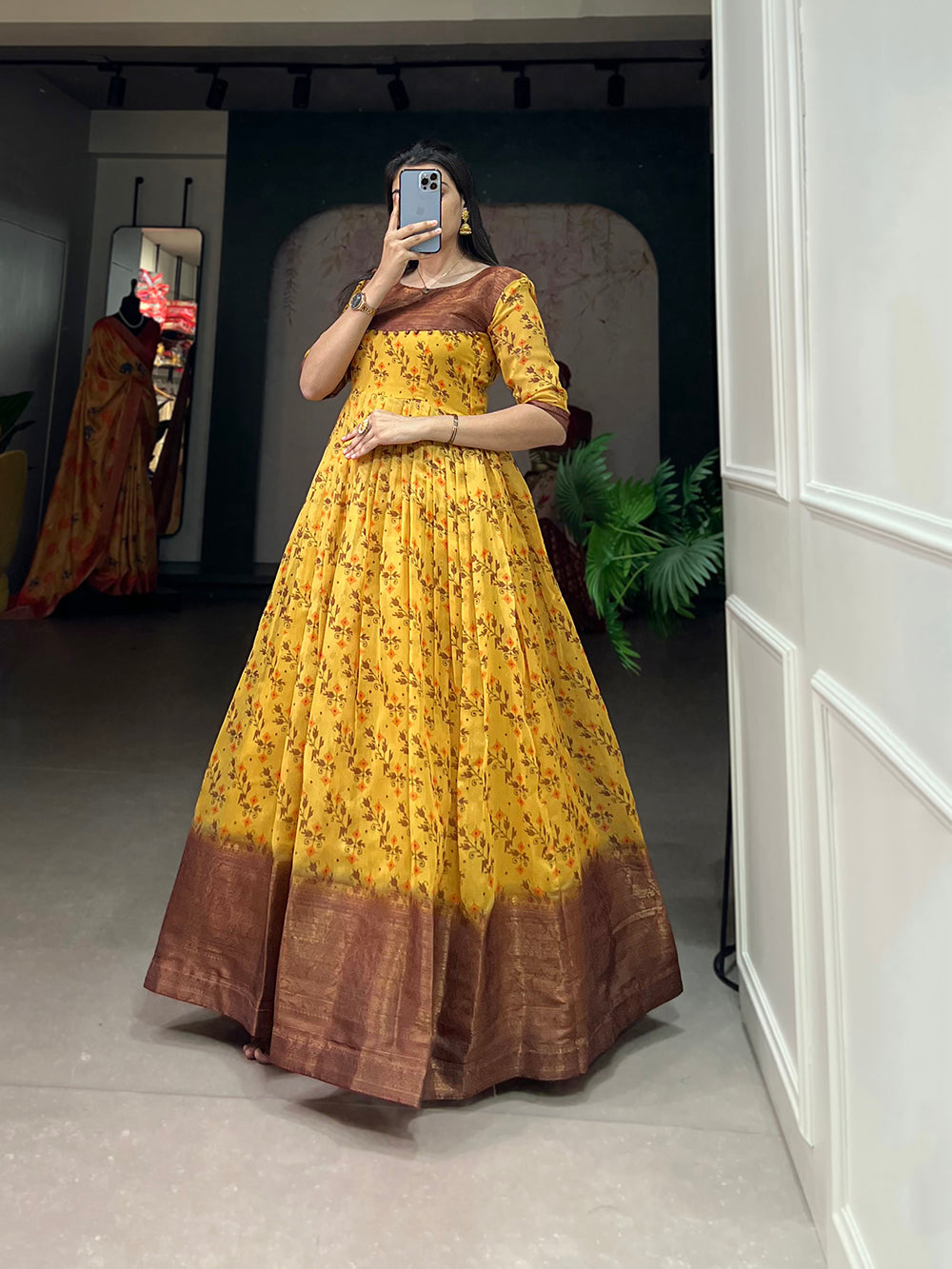 Yellow Color Print With Zari Patta  Soft Cotton Dress