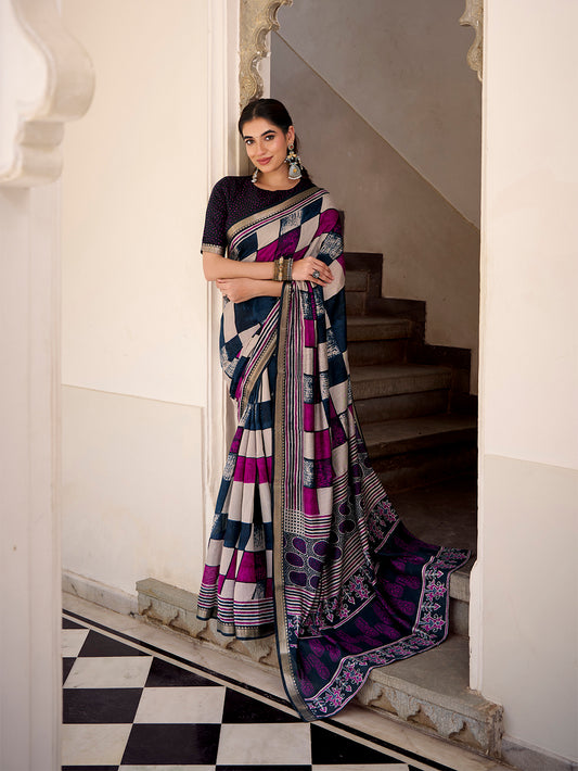 Navy Blue Color Printed With Temple Border Polyester Viscose Chanderi Saree