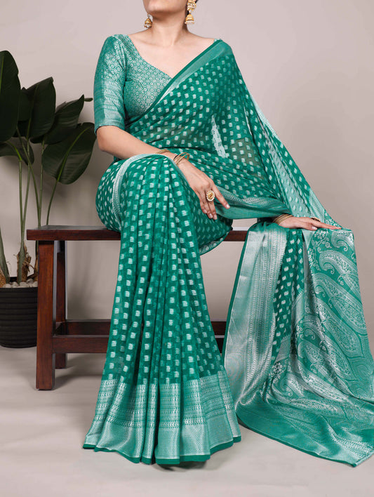 Teal Color Zari Weaving Work (Viscose Border) Nylon Georgette Saree