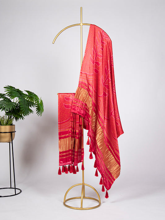 Red Color Bandhej Printed Gaji Silk Dupatta With Tassels