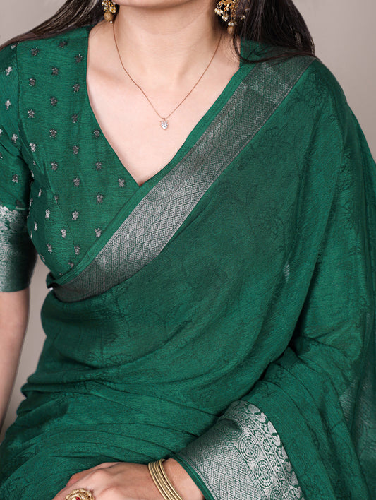 Green Color Self Printted With Zari Weaving Work Chinon saree