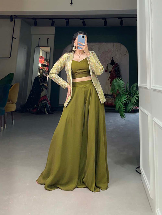 Olive Green Color Plain With Printed Georgette Plazo With Shrug