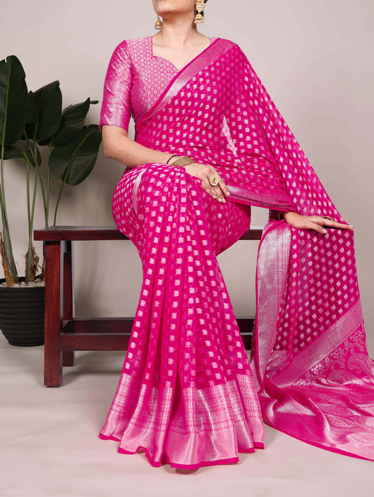 Pink Color Zari Weaving Work (Viscose Border) Nylon Georgette Saree