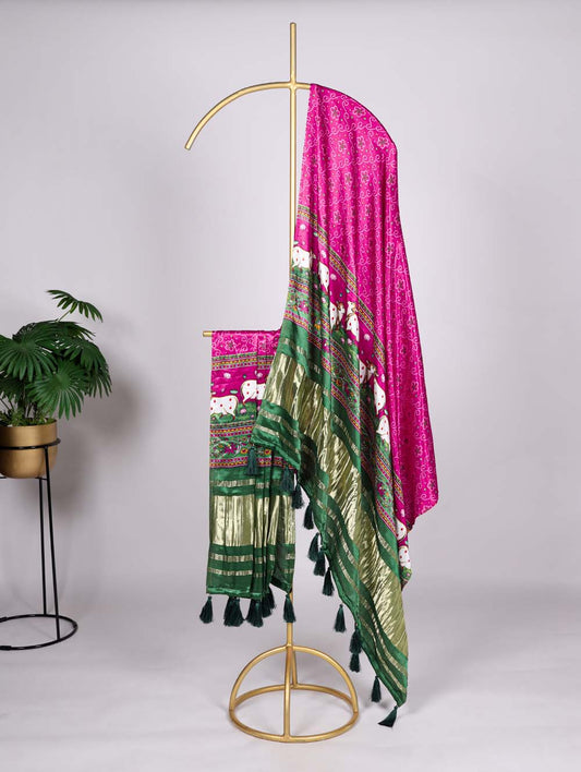 Rani Pink Color Printed Gaji Silk Dupatta