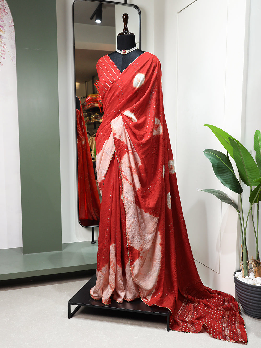 Red Color Sequins With Zari Line And Gota Patti Lace Border Viscose Chanderi Saree