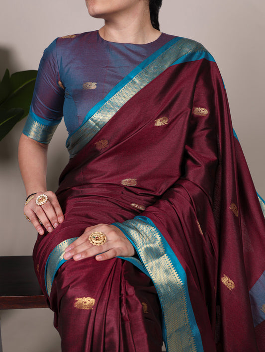 Wine Color Weaving Work With Paithani Concept Cotton Silk Saree