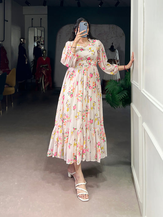Cream Color Floral Printed Georgette Party Wear Frock