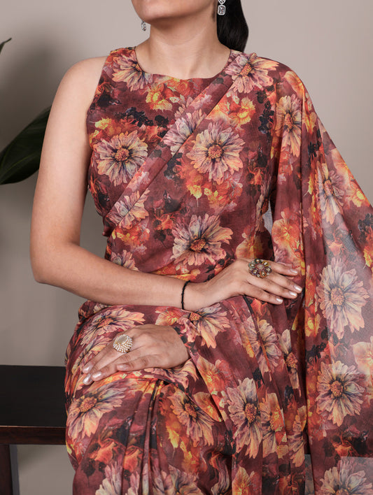 Rust Orange Color Floral Printed Weightless Marbel Saree