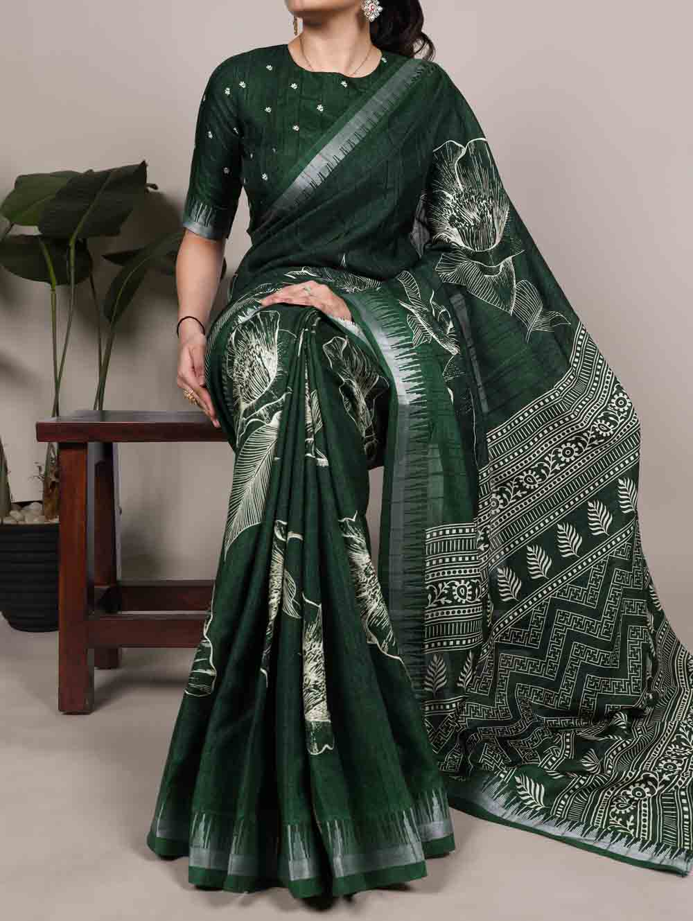 Green Color Printed Slub Silk Saree