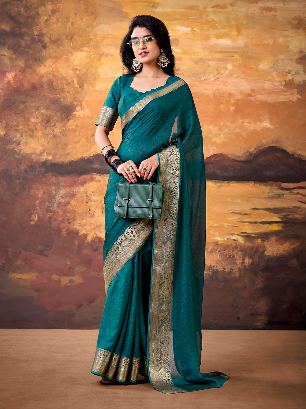 Teal Color Zari Weaving Work Mass Mello Saree