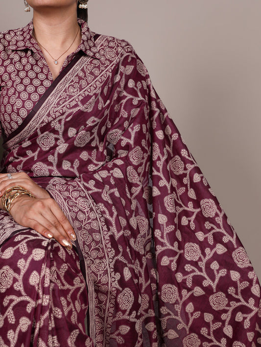 Magenta Color Printed Cotton Silk Saree