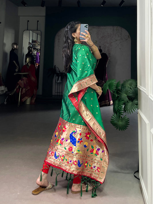 Green Color Zari Weaving Work Jacquard Kaftan