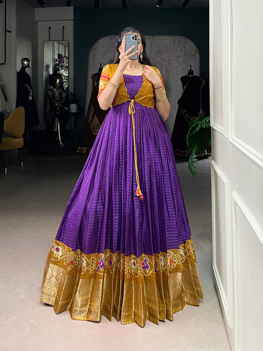 Purple Color Patola Print With Weaving Work Border Tasar Chex Gown By Yana Fab