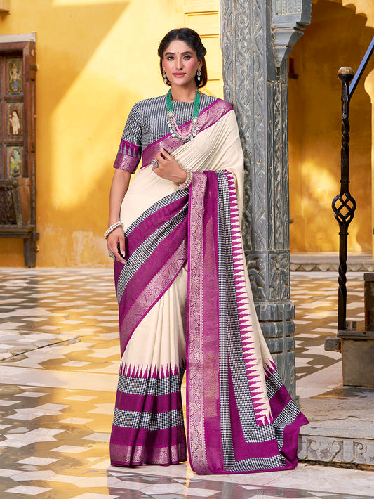 Off White Color Printed With Zari Weaving Work Poly Cotton Saree