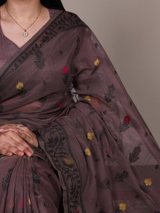 Onion Color Thread Embroidery Work Poly Cotton Saree