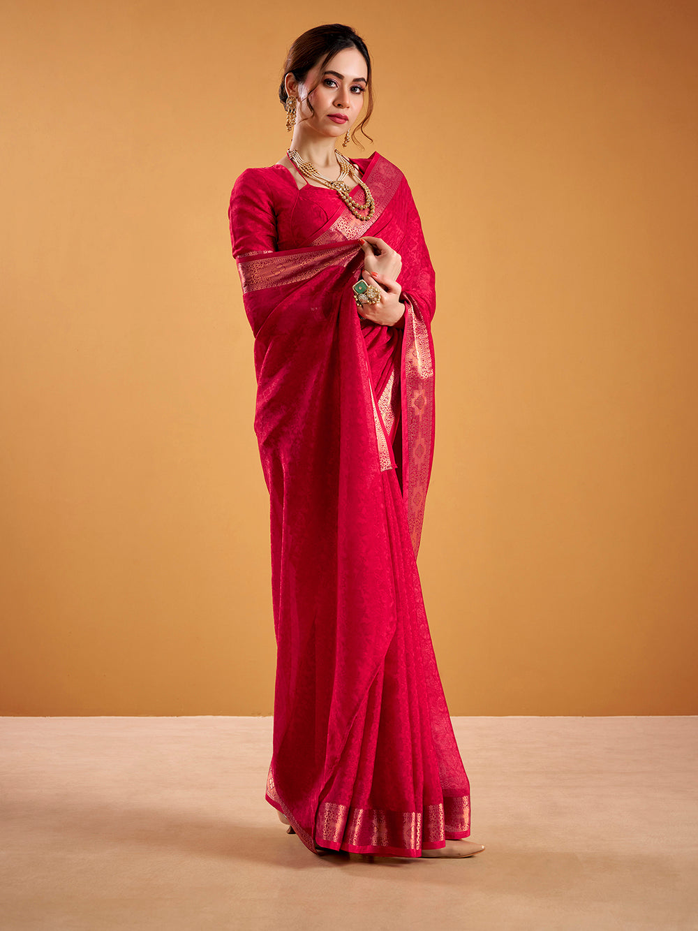 Red Color Zari Weaving Work Poly Shimmer Saree