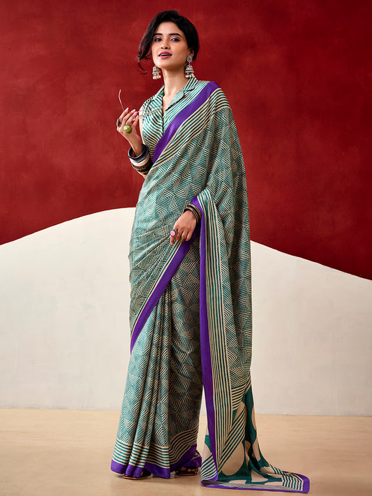 Bottle Green Color Fancy Printed Dull Satin Saree