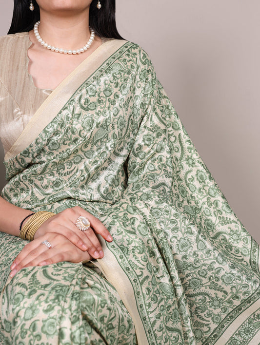 Green Color Printed Tasar Silk Saree