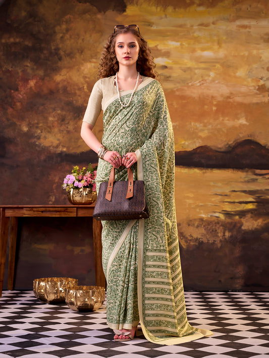 Green Color Printed Tasar Silk Saree