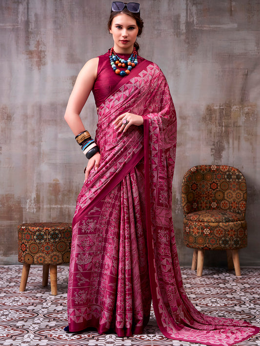 Magenta Pink Color Satin silk Saree
