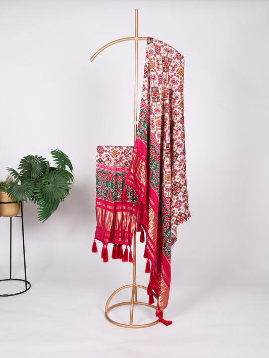 White Color Digital Print And Lagadi Patta Gaji Silk Dupatta