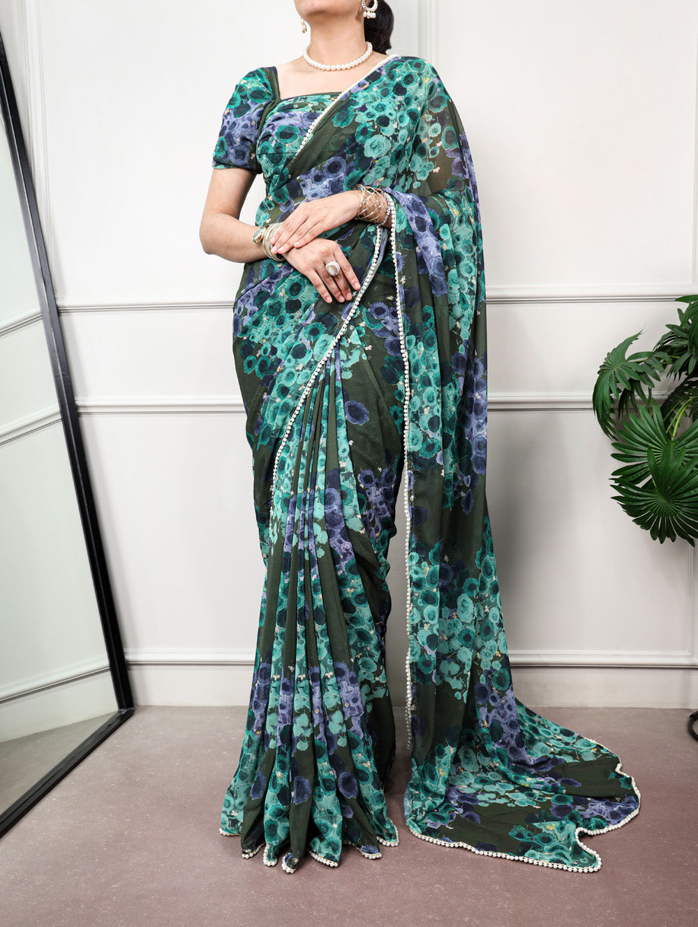 Floral Printed Mehendi Color Saree