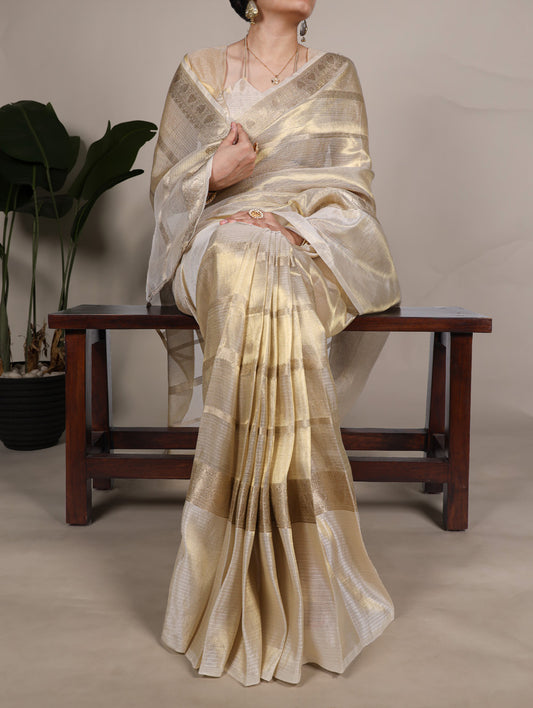 Off White Color Zari Weaving Work Gold Tissue Saree