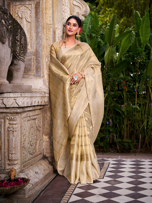 Off White Color Zari Weaving Work Gold Tissue Saree