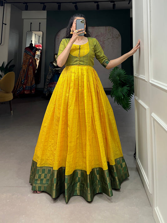 Yellow Color Zari Weaving Work Zari Chex Maharashtra Dress