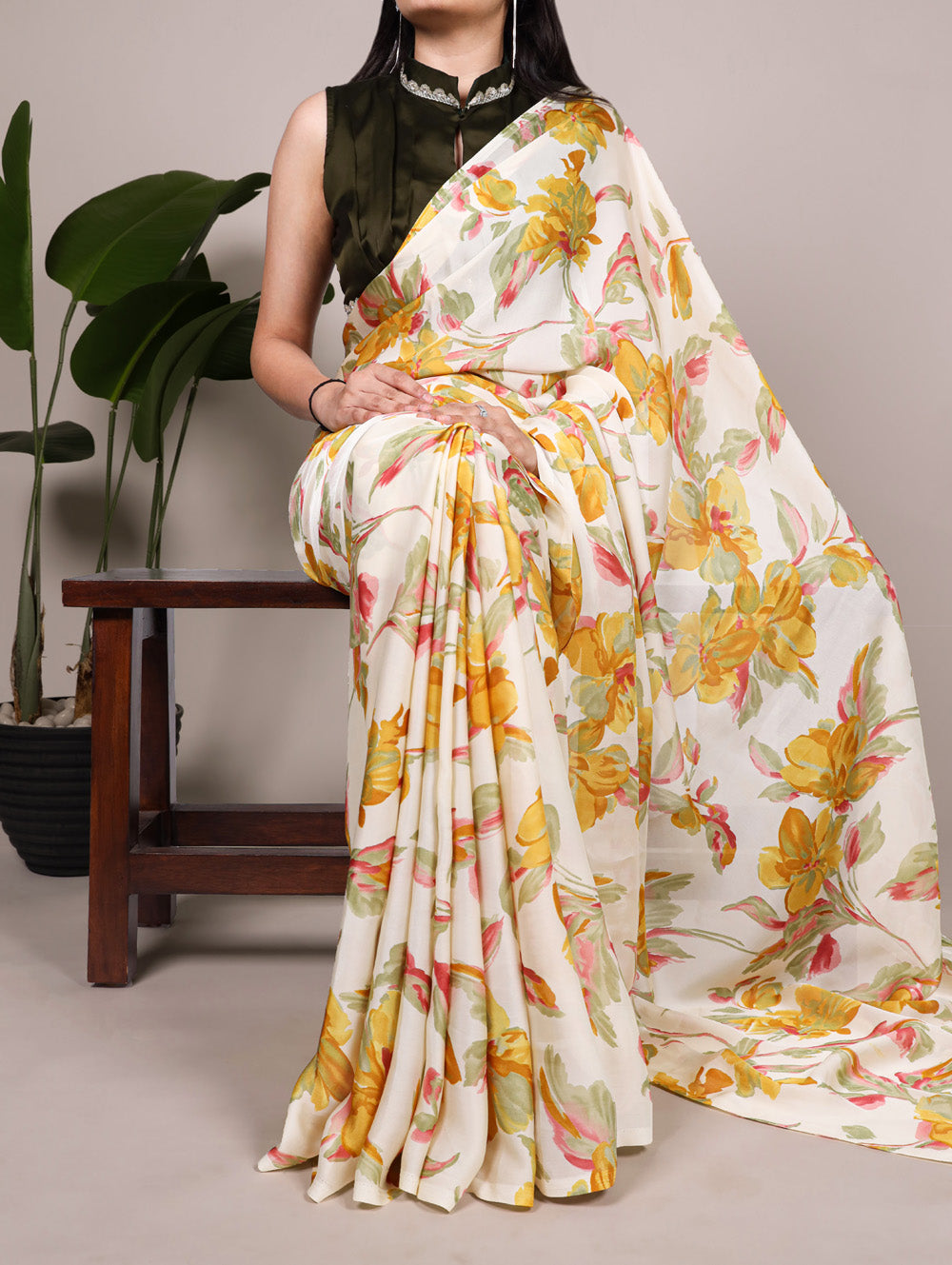 Yellow Color Floral Printed Satin Silk Fancy Saree