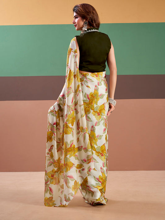 Yellow Color Floral Printed Satin Silk Fancy Saree