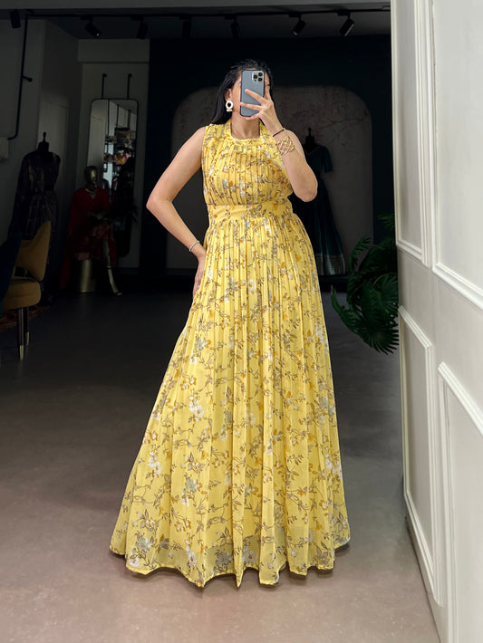 Yellow Color Floral Printed Weightless Marbel Gown