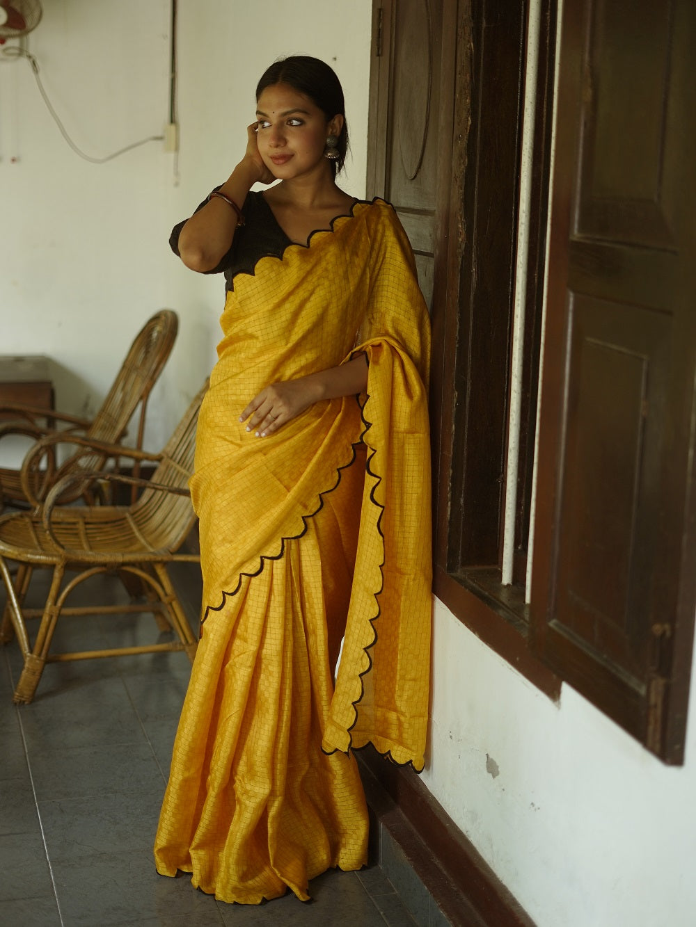 Yellow Color Gadhawal Chex Material & Arca Work Saree